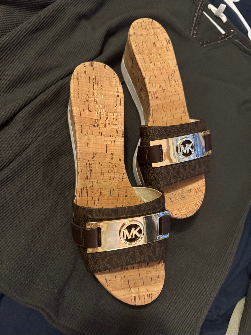 Michael Kors Brown and Gold Logo Cork Slide Sandals